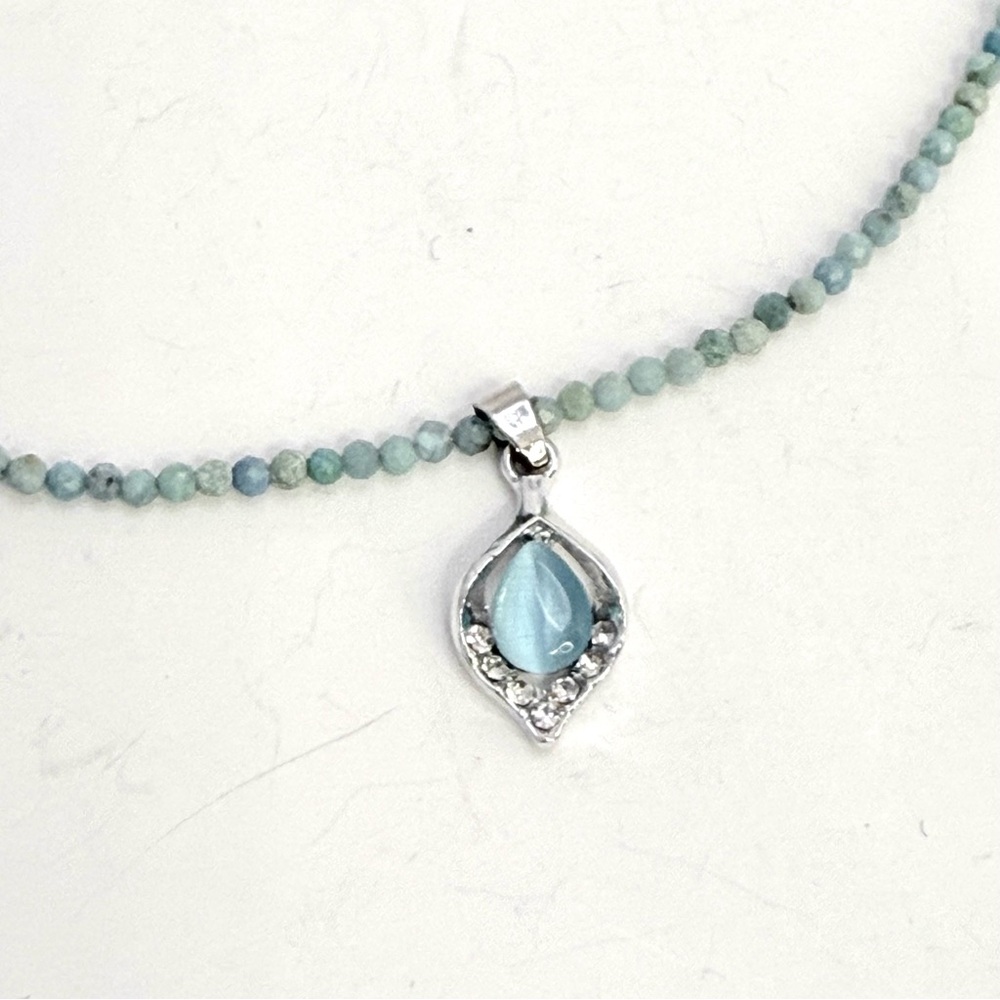 Artisan Delicate amazonite micro faceted beaded necklace with cats eye pendant